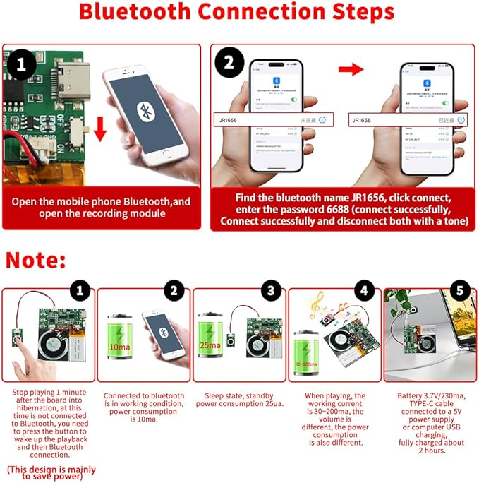 Bluetooth & MIC Recording Audio Sound Module, 8MB Voice Chips with Speaker,8 Min Easy Sound Recording Chip for Personalized Greetings, DIY Projects, Holiday Crafts ect-2P.