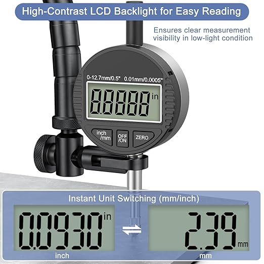 HDLNKAK Electronic Digital Dial Indicator Gauge 0-12.7mm/0.5” Inch/Metric Conversion, High Precision Probe with 0.01mm/0.0005” Resolution for Testing.