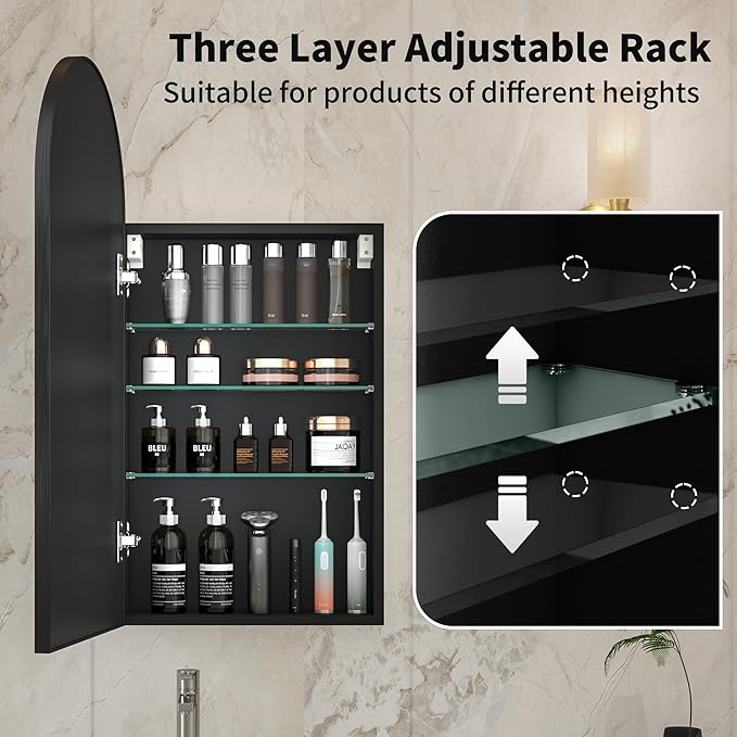 16 x 32 Black Bathroom Medicine Cabinet with Mirror,Arched Medicine Cabinet with Mirror,Assembly Required,Bathroom Mirror with Storage,Wall Mounted Medicine Cabinets with Adjustable Shelves