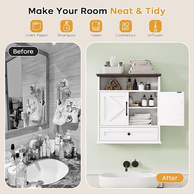 Bathroom Wall Cabinet, Wall Mounted Medicine Cabinet with Drawer, Barn Doors & Adjustable Shelf, 24.4"H x 23.6"W x 9"D White Over Toilet Farmhouse Storage Cabinet for Kitchen, Laundry Room, Entryway