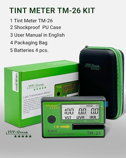 Digital Car Window Tint Meter TM-26 / Side Window Tint, Sun Control Film, VL/UV/IR Transmittance Detection, Tester Meter Gauge (with PU Case)
