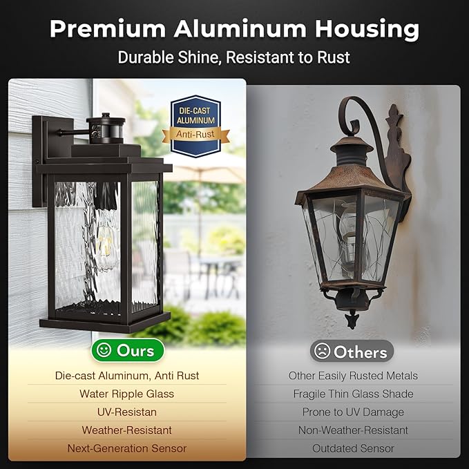 VIANIS 2 Pack Large Adjustable-Sensitivity Motion Sensor Outdoor Lights, Oil-Rubbed Bronze Porch Light with Tempered Ripple Glass, Aluminum Waterproof Outdoor Light Fixture, Exterior Lights for Garage