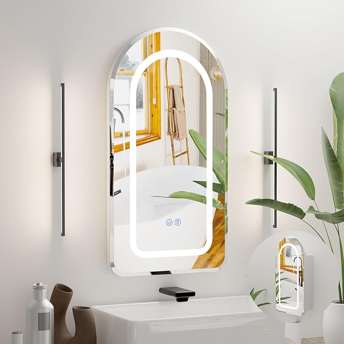 LED Arched Bathroom Medicine Cabinet with Mirror, No Assembly Needed, Recessed or Surface Mount Wall Storage Cabinet, Mirror Cabinet with Tissue Slot (Bevel-LED, 29.5" L x 15.7" W)