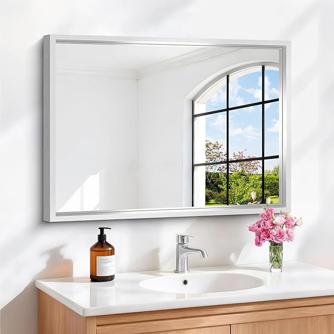 18x24 Silver Bathroom Mirror, Brushed Silver Rectangular Mirror for Wall, 0.6" Thickened Deep Frame Mirrors for Bathroom Sink, Shatterproof Tempered Glass, Antirust, Horizontally or Vertically