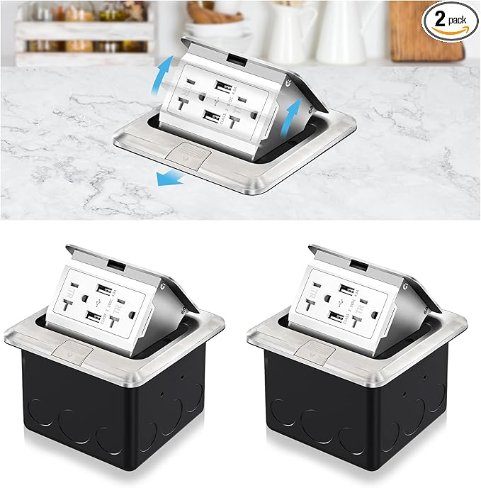 Vagueior Recessed Floor Electrical Outlet Kit,Waterproof Electrical Outlet Covcer Box,Hidden 4.8A USB+20A Tamper-Resistant Receptacle Outlet with Slow Damping ，ETL Certified,Stainless Stee(2 Pack)
