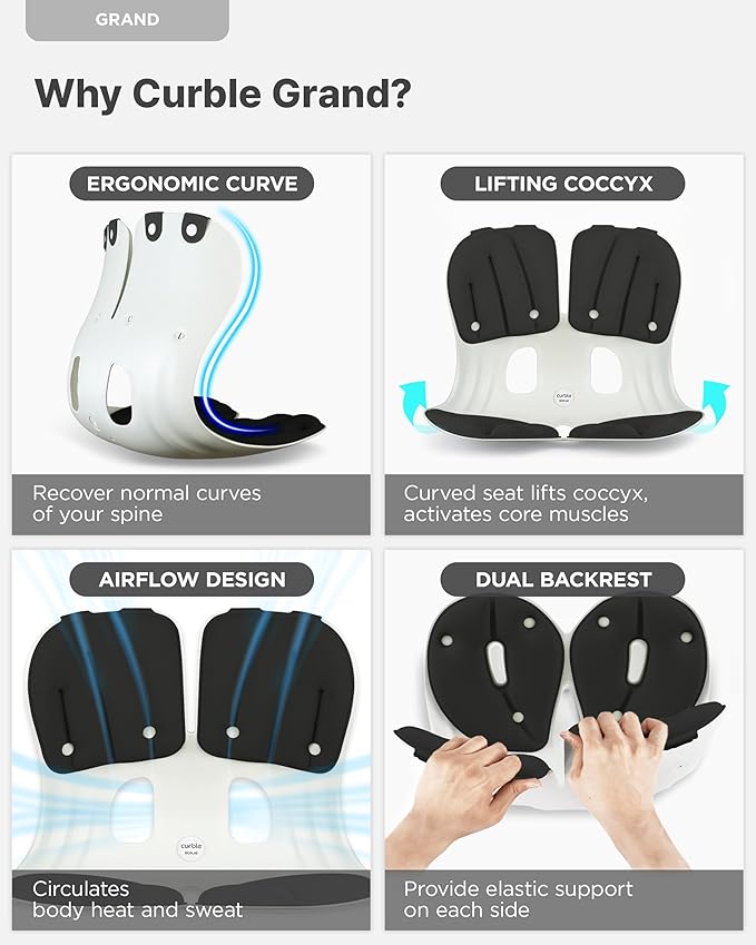 Curble GRAND(Extra Wide & Sturdy) 2PACK – Ergonomic Chair Back Support, Lumbar Support for Posture Correction, Back Pain Relief, Perfect for Office Chair, Floor Seat, Work from Home, Patented(2P Grey)