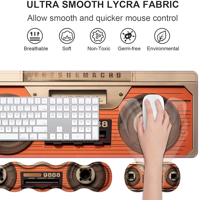 Ergonomic Keyboard Wrist Rest & Mouse Pad Wrist Rest Set, Large XXL Gaming Desk Mat 31.5"x 11.8" with Non-Slip Base, Memory Foam, Easy Typing Pain Relief for Home & Office, Retro Tape Recorder