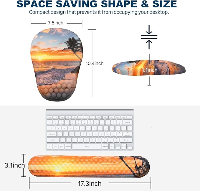 Hasinart Ergonomic Mouse Pad and Keyboard Wrist Rest with Massage Design, Space-Saving Mouse Pad Wrist Support, Memory Foam Wrist Rest with Non-Slip PU Base for Computer Desk, Beach