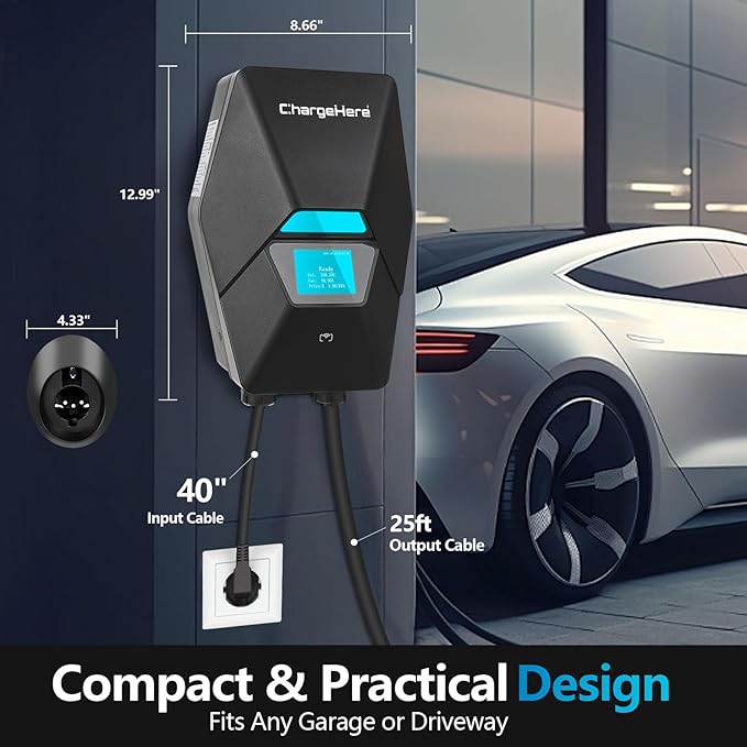 ChargeHere Level 2 EV Home Charger, 240V, 32A/40A | Real-Time Charging Speed Display + Status Light | Up to 7X Faster Charging | Indoor/Outdoor | Wi-Fi App Control | NEMA 14-50 | ETL Certified (32A)