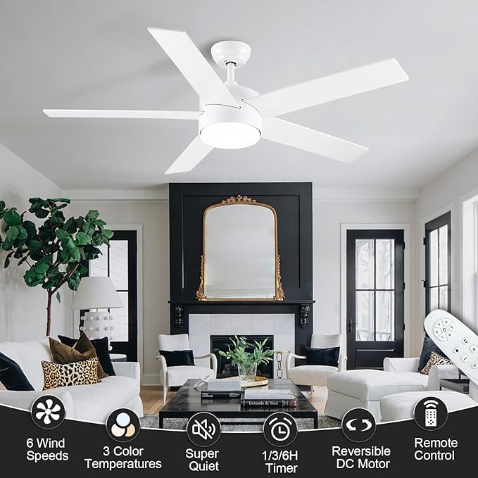 POCHFAN 52 inch White Ceiling Fans with Lights and Remote, Reversible 5 Blades Modern Ceiling Fan for Bedroom, Living Room, Dining Room, LED 3 CCT 6-Speed Noiseless, ETL Listed
