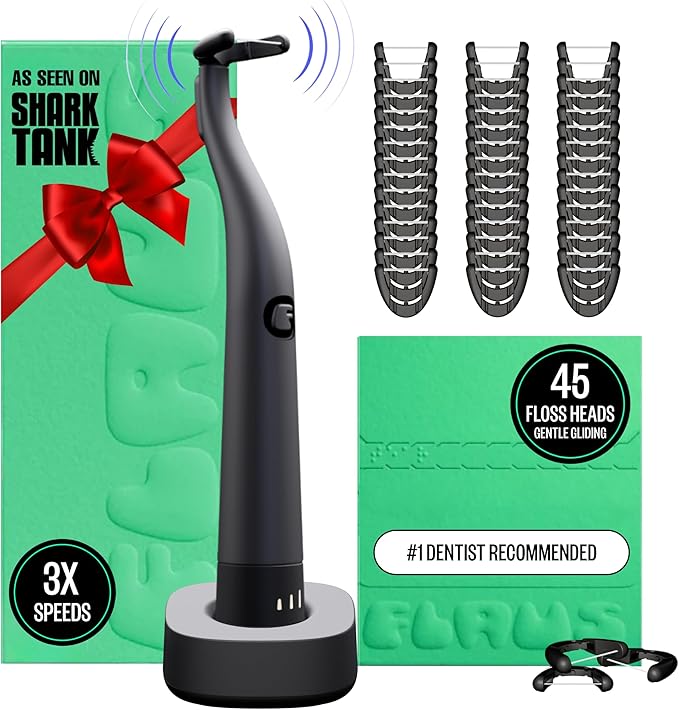 FLAUS Electric Flosser (Oprah's List, Shark Tank) 3 Speeds + 45 Refill Heads (Gentle Gliding Floss for Sensitive Gums) Water Flosser Alternative, Dentist Recommended Tooth Flossers Dental Floss Picks