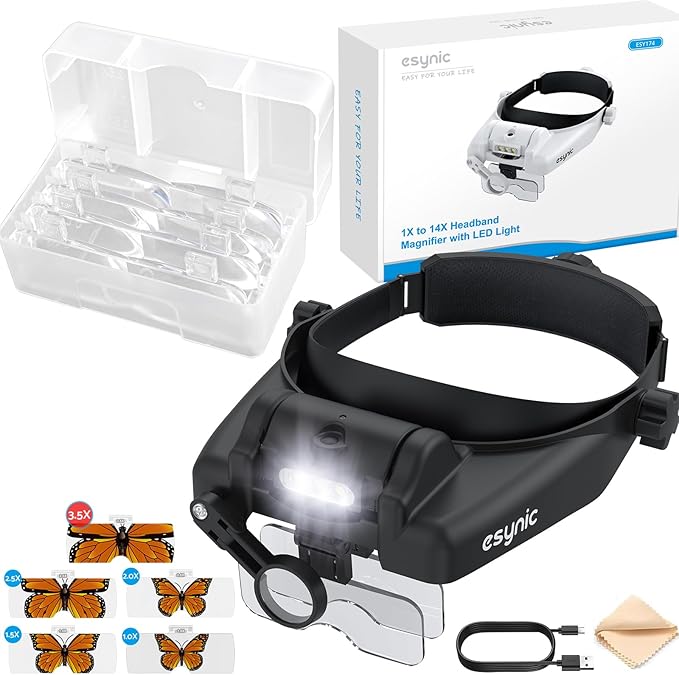 eSynic Type-C Rechargeable Magnifying Glasses Headset-Up to 14X Magnification-5 Interchangeable Lens-3 LED Lights -2 Adjustable Brightness Levels-Comfort & Fit Headband Magnifier for Crafts/Reading
