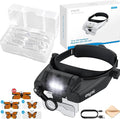 eSynic Type-C Rechargeable Magnifying Glasses Headset-Up to 14X Magnification-5 Interchangeable Lens-3 LED Lights -2 Adjustable Brightness Levels-Comfort & Fit Headband Magnifier for Crafts/Reading