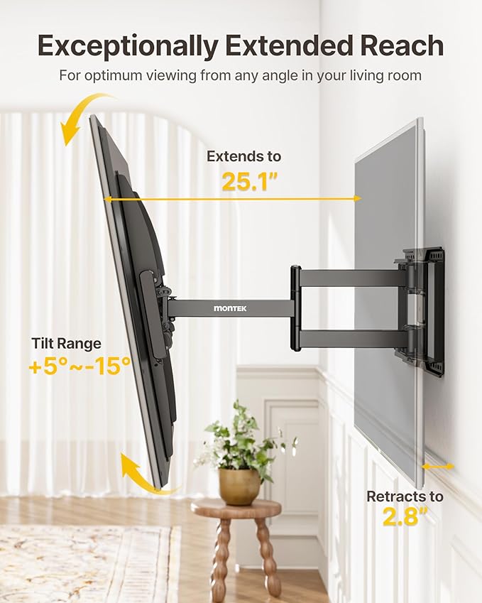 monTEK Heavy-Duty Full Motion TV Wall Mount Bracket for 50–100″ TVs up to 200 lbs – 4X Load Tested, Dual Arm Extension to 25.1″, Tool-Free Tilt/Swivel/Level, Max VESA 900×600, Fits 12/16/18/24" Studs