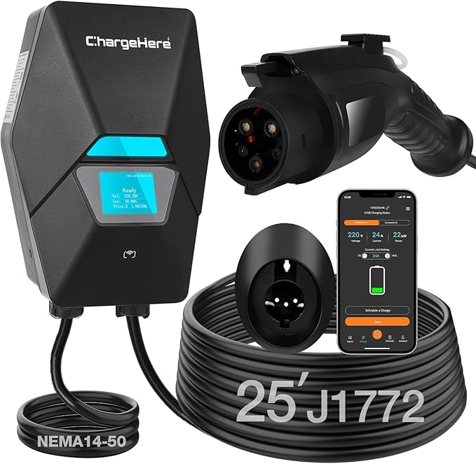 ChargeHere Level 2 EV Home Charger, 240V, 32A/40A | Real-Time Charging Speed Display + Status Light | Up to 7X Faster Charging | Indoor/Outdoor | Wi-Fi App Control | NEMA 14-50 | ETL Certified (32A)