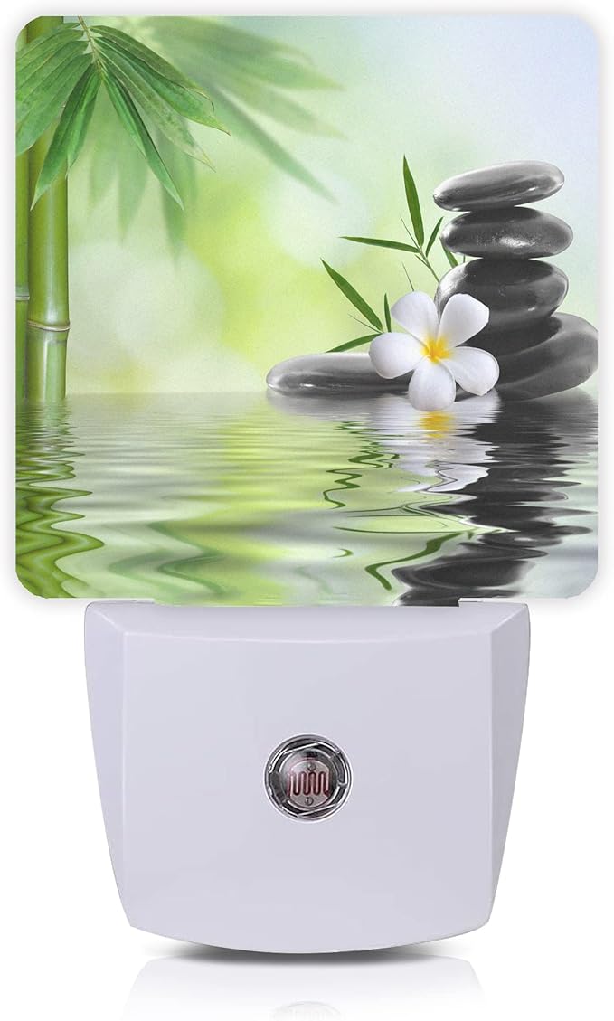 Smoaffly Zen Stones Bamboo Tree Jasmine Flower Spa Night Light Plug-in LED Nightlights Auto Sensor Night Lamp Dusk-to-Dawn Lamp Home Decor for Nursery Children Girls Boys