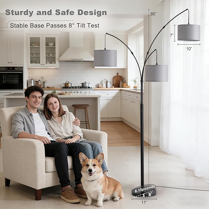 Fansdrick Floor lamp with Remote, 3 Light Arc Floor Lamps for Living Room, 2400LM Tall Standing Floor Lamps with Gray Shades, 80" Large Floor Lamp for Bedroom, Office
