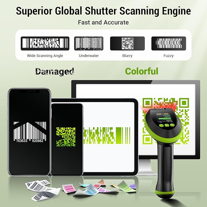 Tera Barcode Scanner Wireless 2D QR with Stand: Digital Setting Screen Keypad Pro Version Extra Fast Scanning Speed Works with Bluetooth 2.4G Wireless USB Wired Bar Code Reader HW0009-Z Green