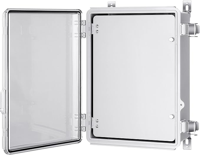 Gratury Junction Box, IP67 Waterproof Plastic Enclosure for Electrical Project, Hinged Grey Cover, Includes Mounting Plate and Wall Bracket (Transparent Cover with Inner Door, 14.6"×10.6"×5.9")