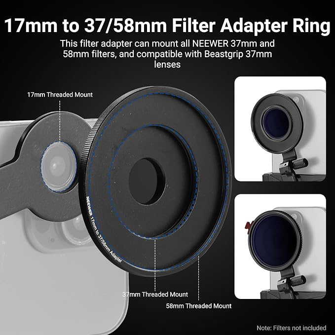 NEEWER Phone Holder with 17mm Phone Adapter & 17–37/58mm Filter Ring, Universal - Image 6