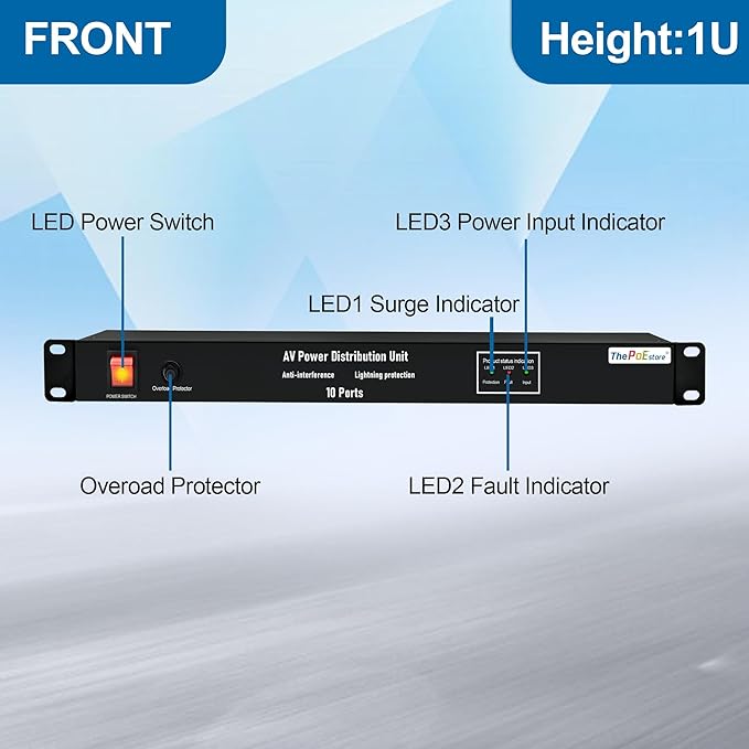 ThePoEstore 10 NEMA 5-15R Outlet Surge Protector PDU, 120V 15A 3600J 10KA, 1U Rack Mount Power Strip for Network Server Racks, AV Equipment, & More - 14AWG 6ft Cord