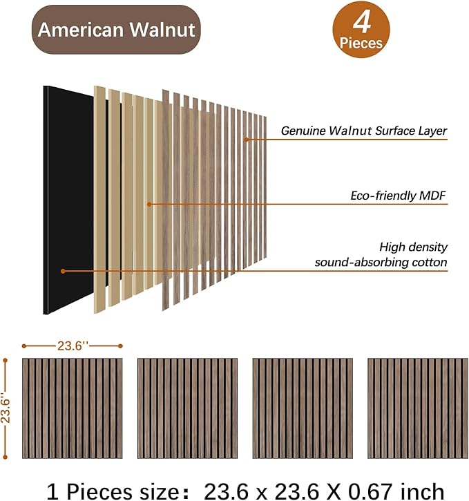 ARMURO Wood Slat Wall Panel - 4 PCS Walnut Wood Panels for Wall, Natural Wood Veneer Acoustic Slat Wood Wall Panels - Wood Slats for Wall Soundproof Wood Panels 23.6" W x 23.6" L
