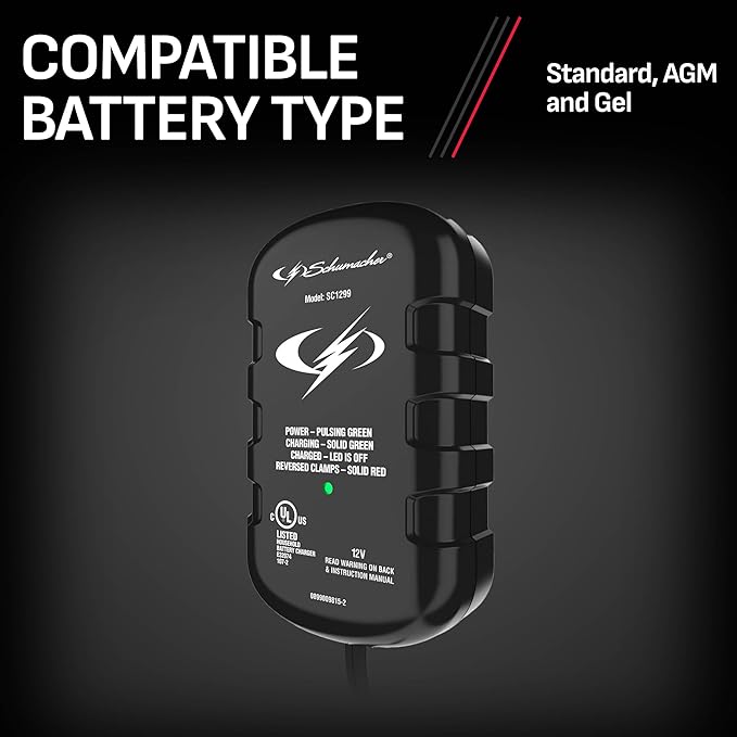 Schumacher Electric 0.8A Car Battery Charger and Maintainer, 2-in-1 Solution, for 12V Power Sport, Automotive, and Marine Batteries, SC1299