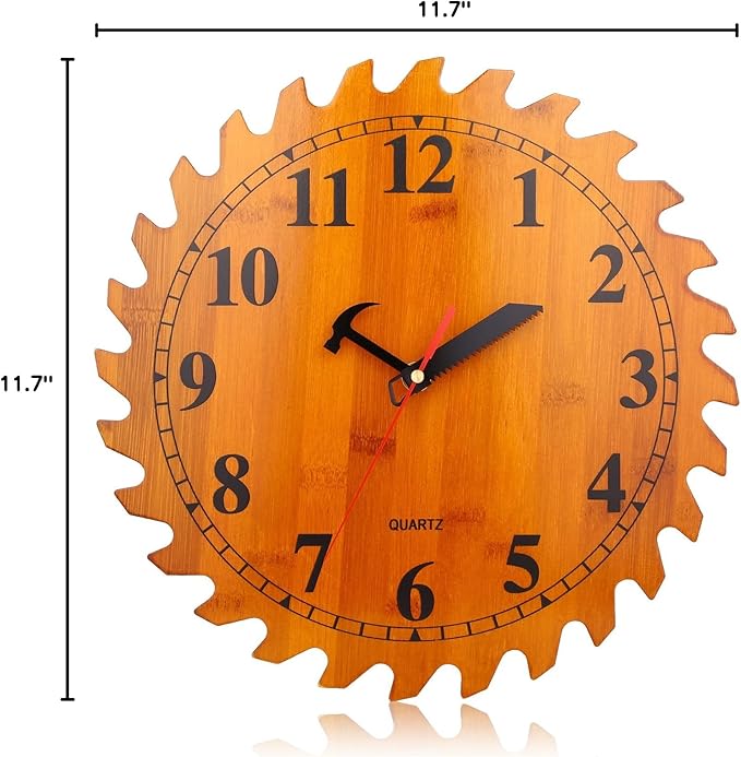 CIGERA 12 Inch Wood Wall Clock with Circular Saw Blade Dial, Handsaw and Hammer Pointer,Great Decor for Farmhouse,Garages and Man Cave
