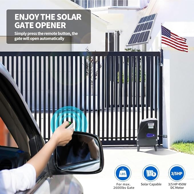 TOPENS DKC1100S Solar Sliding Gate Opener Chain Drive Automatic Gate Motor for Heavy Driveway Slide Gates Up to 2600 Pounds, Electric Gate Operator Battery Powered with Solar Panel Remote Control Kit