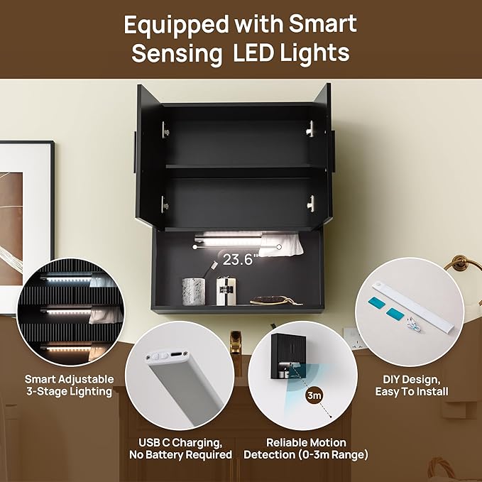 Modern Fluted Bathroom Wall Cabinet with Motion Sensor LED Light, Black Over The Toilet Storage with Tissue Dispenser, Soft-Close Hanging Medicine Cabinet with Adjustable Shelves & Open Rack