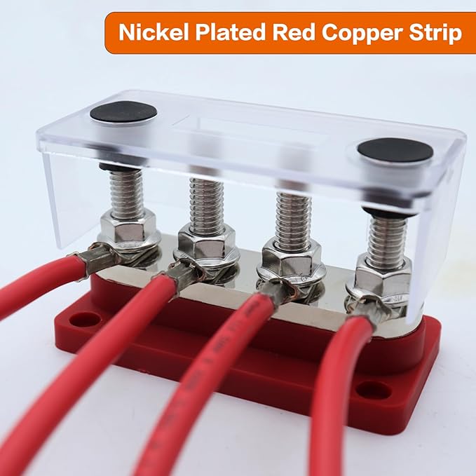 AMOMD 300A Bus Bars 4 Terminal Studs (3/8 inch) M10 Nickel Plated Copper Distribution Block Negative Electrical Buss Bars 12-48 V DC with Cover for Trailer Marine Boat Car RV (Red)
