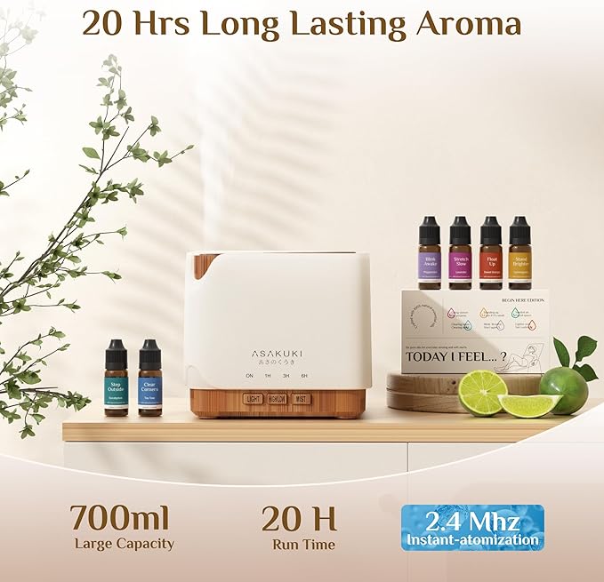ASAKUKI Essential Oil Diffuser 700ml, Ultrasonic Aromatherapy Humidifier with Top 6 Essential Oils Set, 7 LED Colors, Timer & Auto-Off, Large Room Diffuser