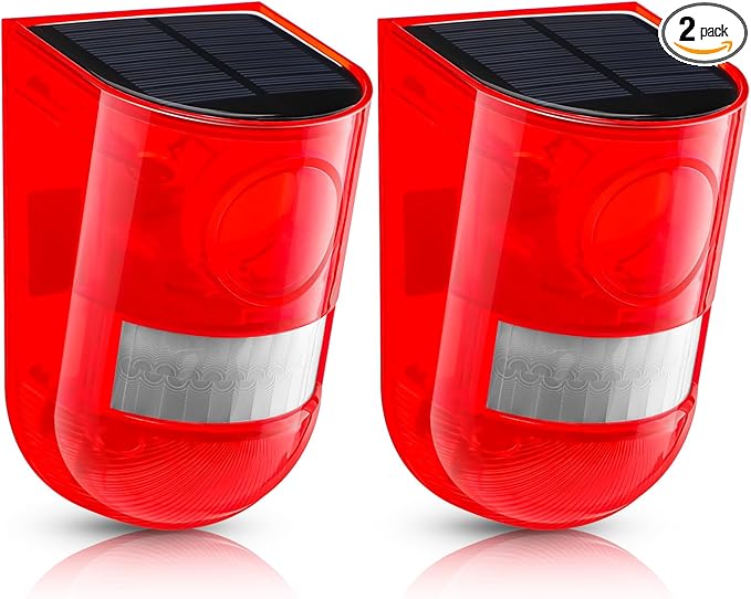 Qualirey 2 Pack Solar Sound and Light Alarm Motion Sensor 129db Outdoor Security Siren Waterproof Motion Activated Detector Alarm 6 LEDs Flash Warning Strobe System for Home, Farm (Red)
