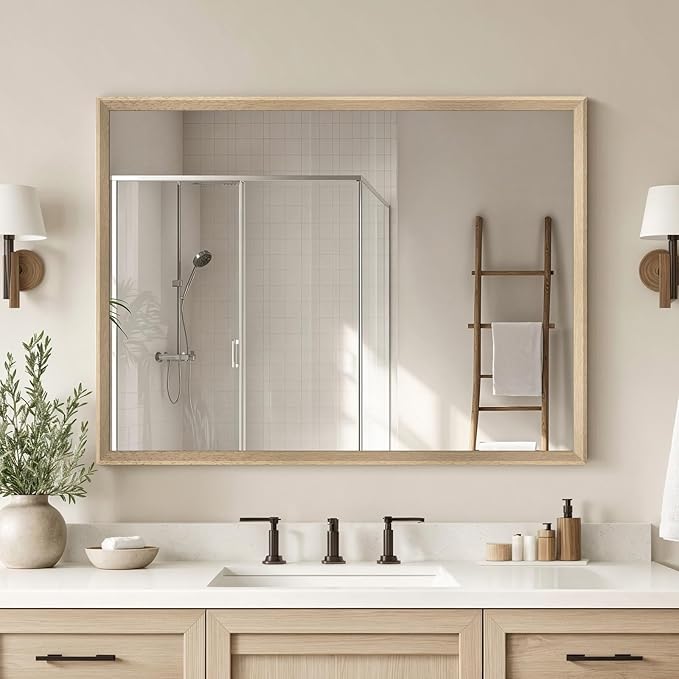 Oak Wood Effect Framed Wall Mirror, 30x40 Rectangle Mirror, Anti-desilvering Tempered Glass, Sustainable& Sturdy Frame, Anti-Rust, HD Reflection &3min Fast Setup for Bathroom Living Room