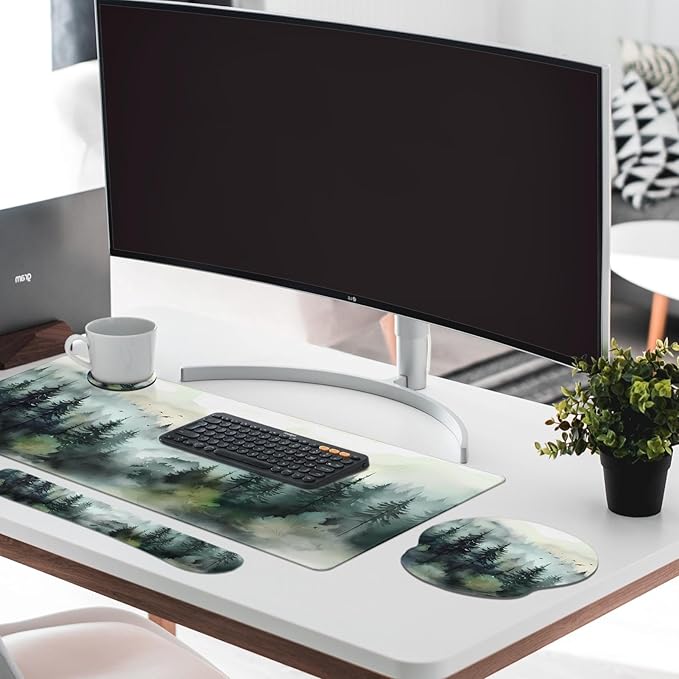 Britimes Green Ink Style Mountain Forest Keyboard Mouse Pad Set 4in1 Large Mousepad+Keyboard Wrist Rest+Mouse Wrist Rest+Coaster Set with Ergonomic Design for Home Office Computer 35.4x15.7 inches