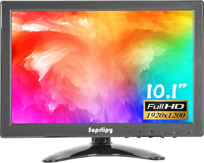 Suprlipy 10 inch FHD Small IPS Monitor LCD Display Screen 1920x1200 60Hz 16:10 with BNC VGA AV Input Built-in Lounspeakers for CCTV Security Camera DVR PC STB Game Console