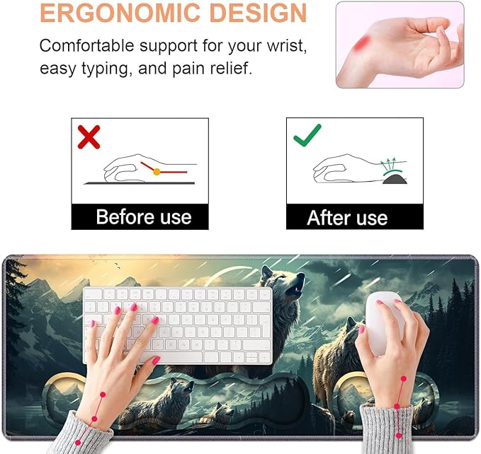 Ergonomic Keyboard Wrist Rest & Mouse Pad Wrist Rest Set, Large XXL Gaming Desk Mat 31.5"x 11.8" with Non-Slip Base, Memory Foam, Easy Typing Pain Relief for Home & Office, White Wolf