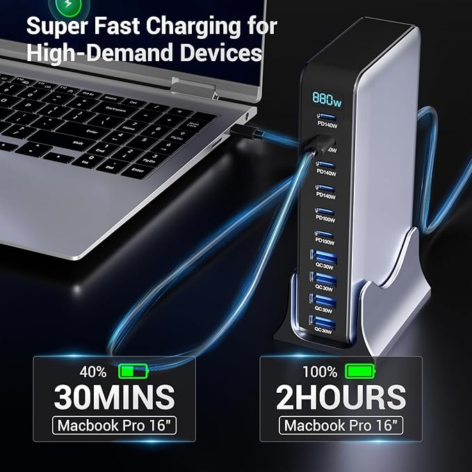 Zeroffi 880W USB C Charger Block, 10-Port USB Fast Charging Station Hub, Desktop Charging Station for Multiple Devices for MacBook Pro/Air, DELL, iPad, iPhone, Samsung Galaxy