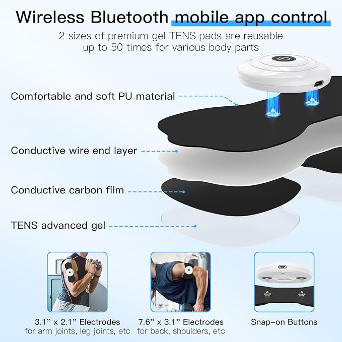 Wireless TENS & EMS Unit Back Pain Relief Massager - APP Controlled Bluetooth EMS Muscle Stimulator Machine for Back Shoulder Leg Neck Pain Relief (Black)