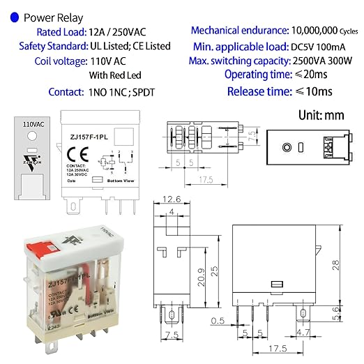 12 Pcs 12Amp Mini Relay Switch DPDT with Test Button 110V/120V AC 1NO 1NC 5Pin Socket Base with Indicator Light UL Certification