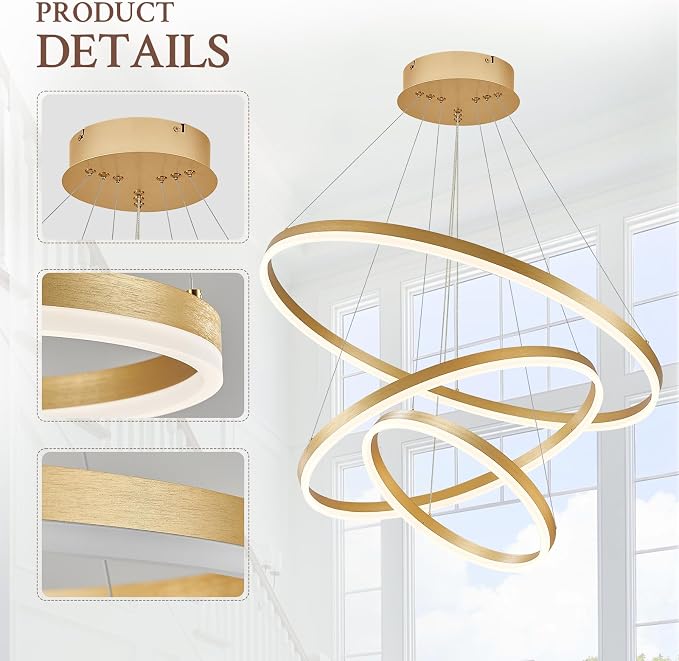 3-Rings Modern LED Chandelier Gold, Dimmable Pendant Lighting - Image 6