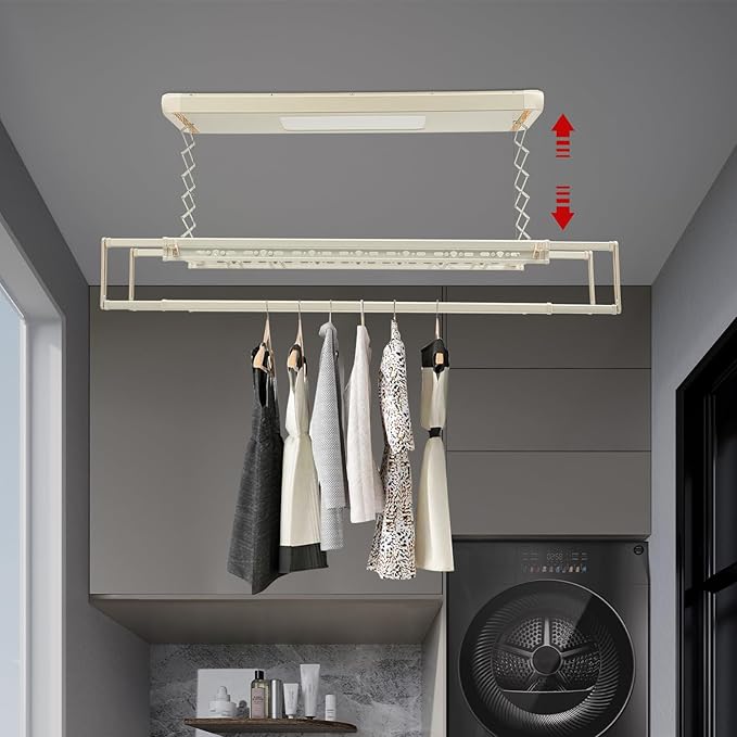 banborba Electric Retractable Airing Rack, Ceiling Mounted Clothes Drying Rack, Retractable Clothesline, Vertical Laundry Drying Rod with LED Light & Remote, 110V 24W, Off-White Color