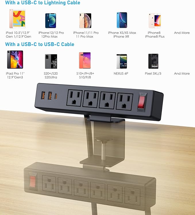 Dual Layer Desk Clamp Power Strip Surge Protector, Under Desk Power Strip with 10AC Outlets & 3 USB(20W USB-C), Desktop Edge Mount Charging Station, 15 Ft Extension Cord for Office Home (ETL Listed)