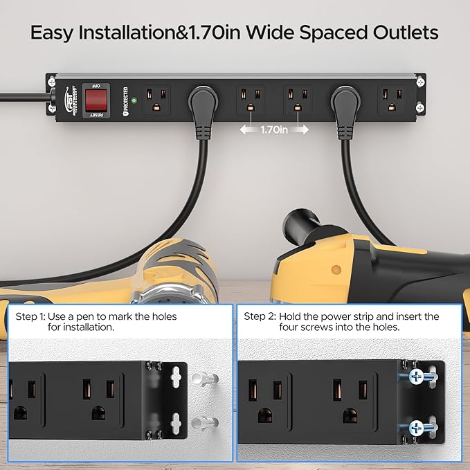 CRST 2Pack 6 Outlet Heavy Duty Power Strip with Switch, 15A/1875W Metal Mountable Power Strip Surge Protector 2100Joules, Wide Spaced Power Bar for Garage Workshop Home School, 6 FT Cord(Black)