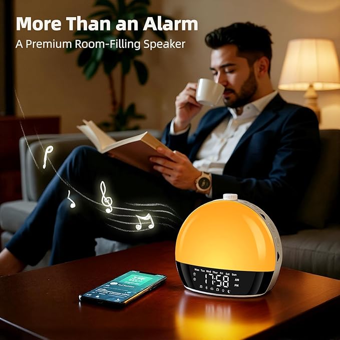Risop Wake Up Light Sunrise Alarm Clock for Heavy Sleepers, All-in-One Smart Bedside Device with Bluetooth Speaker, FM Radio, Dual Alarm & Sleep Aid Night Light, Best Gift for Adults & Kids