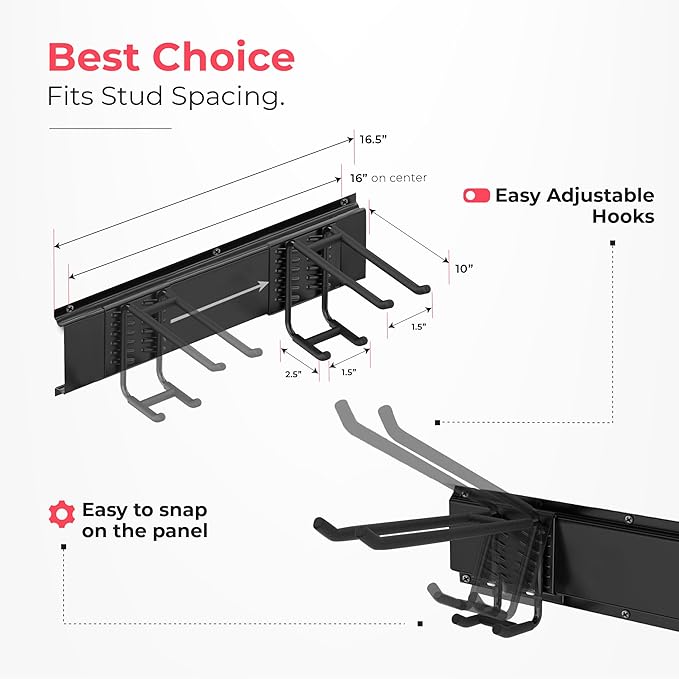 TIDYME Garage Wall Organizer | 32" Heavy-Duty Tool Storage Rack | Adjustable Double-Layer Hooks | 200 lbs Capacity | Carbon Steel Wall Mount Holder for Shovels, Rakes, Ladders & Power Tools