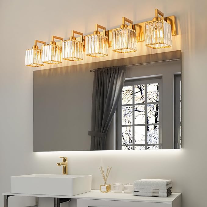 FDPBY Modern Crystal Bathroom Vanity Light - 6-Lights Gold Brushed Brass Finish Wall Lamp