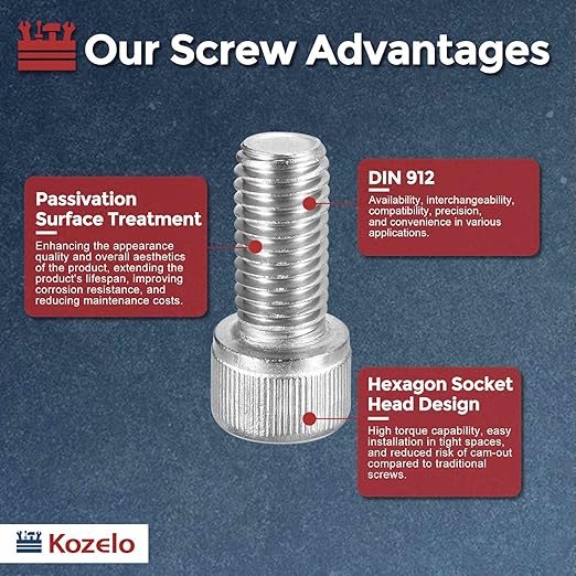 Kozelo 4pcs Socket Head Cap Screws - [M12-1.75 x 25mm] 304 Stainless Steel Allen Socket Drive for Electrical Motor 3D Printing Fan Engine Replacement Use, Silver
