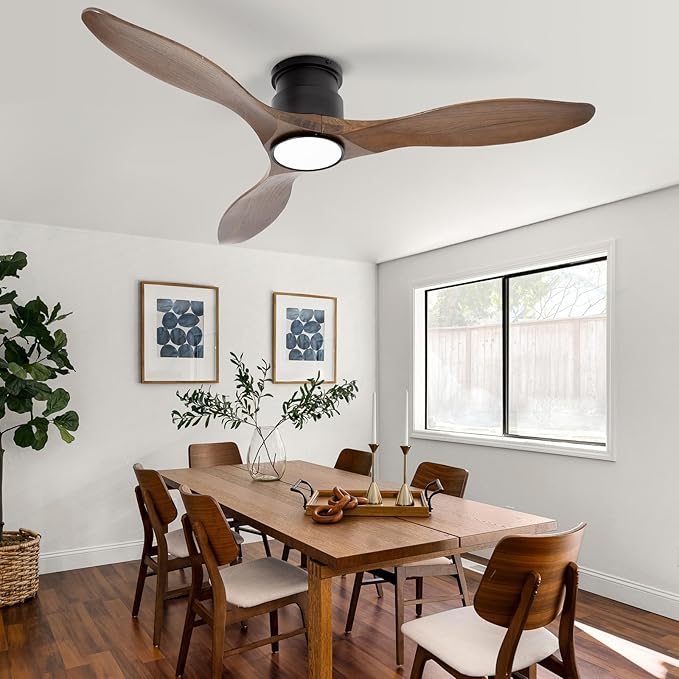 revoici 52'' Ceiling Fan with Lights and Remote, 3 Blade Amber Wood Low Profile Flush Mount Ceiling Fan Indoor, Reversible 6 Speeds Dimmable LED Light Fan for Bedroom Living Room Farmhouse