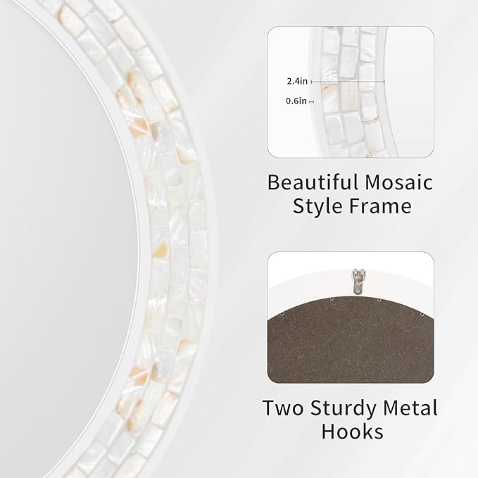 Tanmicoshomy Round Wall Mirror 24 Inch,Circle Mosaic Mirror with Natural Mother of Pearl and Wood Frame, Decorative Coastal Round Wall Mirror for Bathroom Bedroom Living Room Entryway